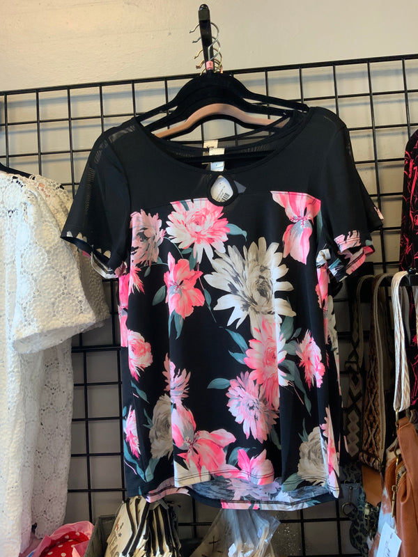 Short Sleeve Black Floral Mesh Top