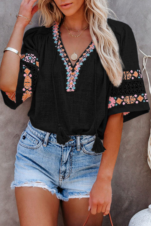 Black tassel Drawstring Embroidered V Neck Top