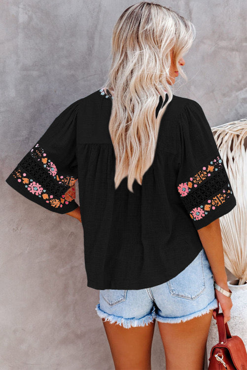 Black tassel Drawstring Embroidered V Neck Top