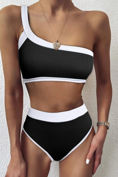 Black One Shoulder Bikini Set Swimsuit