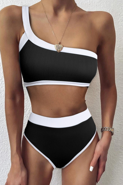 Black One Shoulder High-Waisted Bikini Set