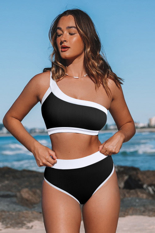 Black One Shoulder Bikini Set Swimsuit