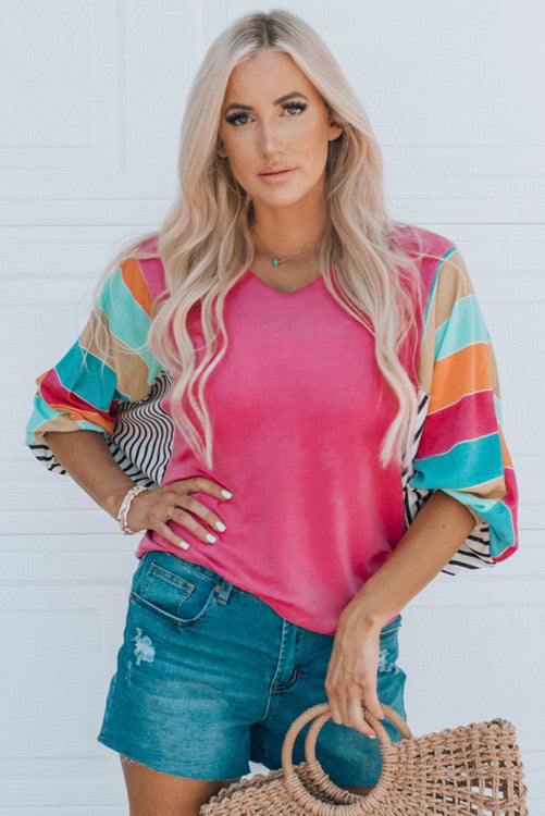 Rose/Hot Pink Stripe Bubble Sleeve Top