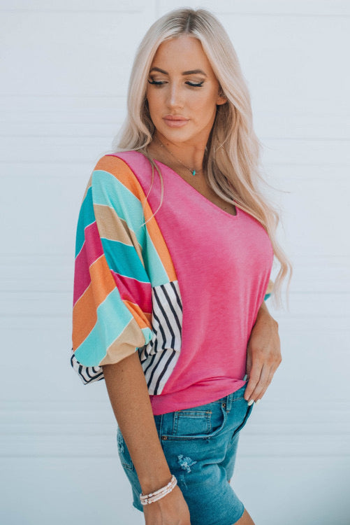 Rose/Hot Pink Stripe Bubble Sleeve Top