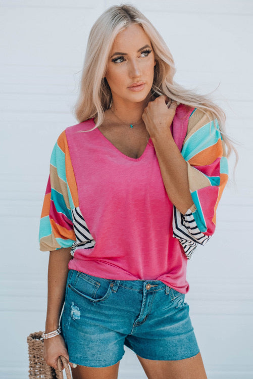 Rose Stripe Bubble Sleeve Top