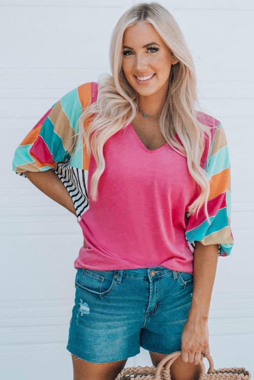 Rose Stripe Bubble Sleeve Top