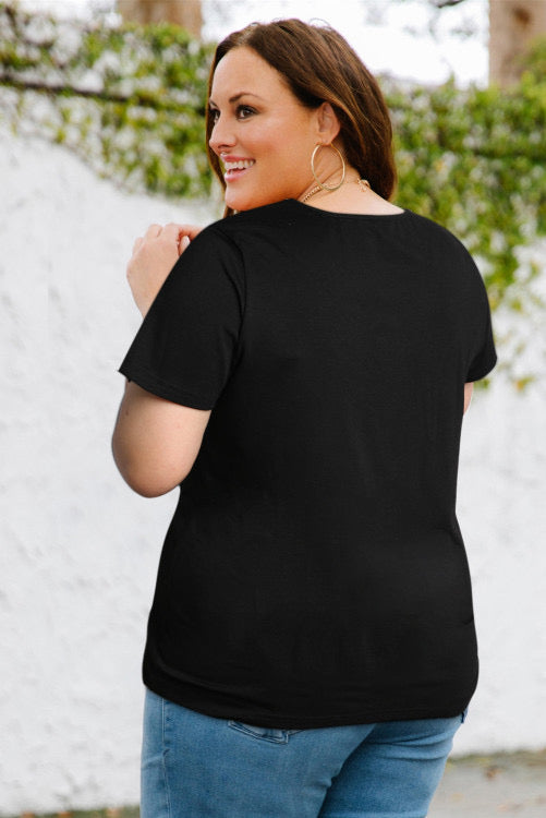 Black Sequin Trim V-Neck Plus Size Tee