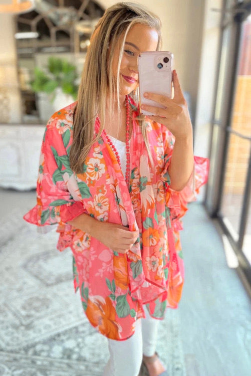 Pink Floral Print 3/4 Sleeve Kimono