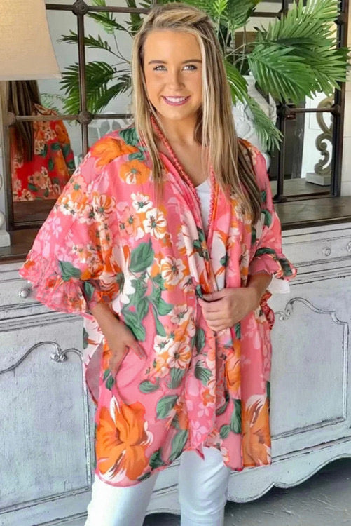 Pink Floral Print 3/4 Sleeve Kimono