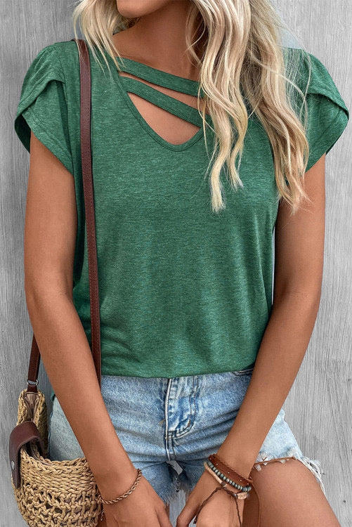 Green Strappy V Neck Short Sleeve Top