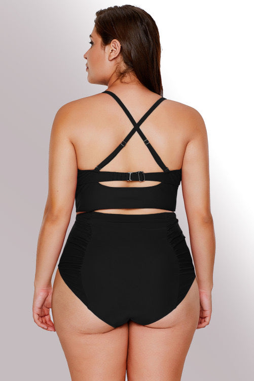 Black Strappy Neck High Waist Plus Size Swimsuit