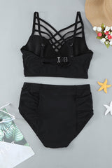 Black Strappy Neck High Waist Plus Size Swimsuit