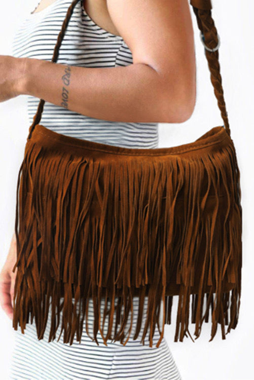 Brown Faux Suede Fringe Braid Shoulder Bag