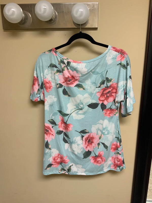 Blue Flower Print Short Sleeve Shirt