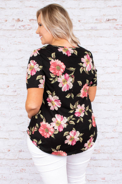 Black Plus Size Floral Print Twist Knot Top