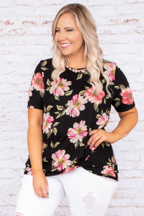 Black Plus Size Floral Print Twist Knot Top