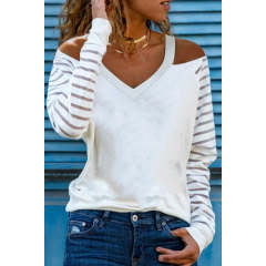 Mesh striped cut-out cold shoulder long sleeve T-shirt