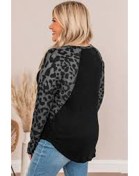 Leopard Raglan Sleeve Waffle Knit Top - Plus Size