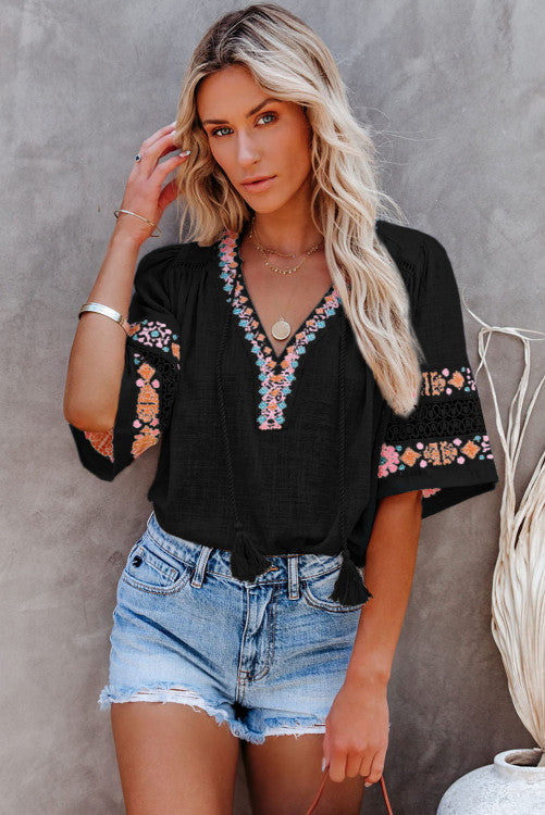 Black Tassle Drawstring Embroidered V Neck Top