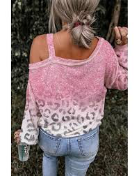 Pink Leopard Patchwork One Shoulder Long Sleeve Top