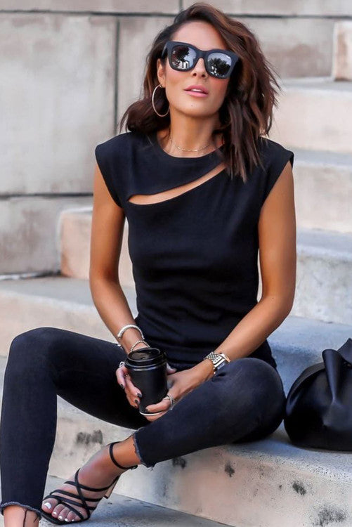 Black Slash Cutout Cap Sleeve Top