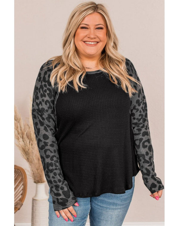 Leopard Raglan Sleeve Waffle Knit Top - Plus Size