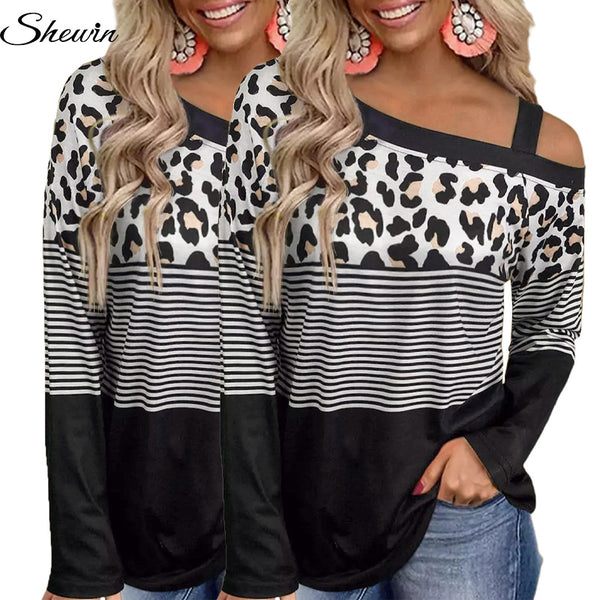 Black Leopard Striped slash Collar Long Sleeve Blouse