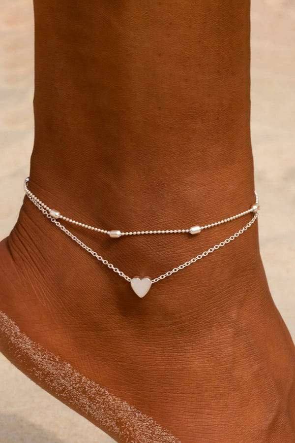 Silver Heart Beaded Two-Piece Anklet