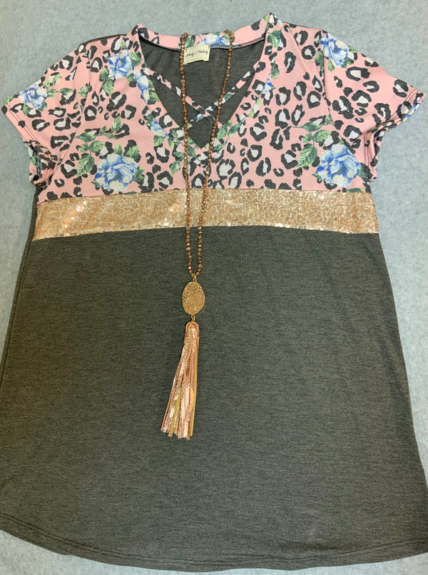 Charcoal, Leopard, and Flower Print Top