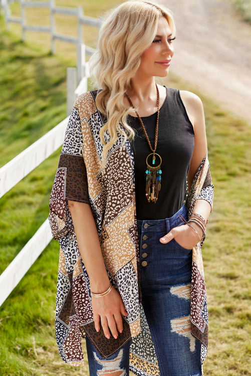 Brown Leopard Color Block Kimono