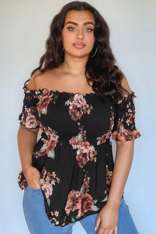 Black Floral Smocked Off Shoulder Plus Size Blouse