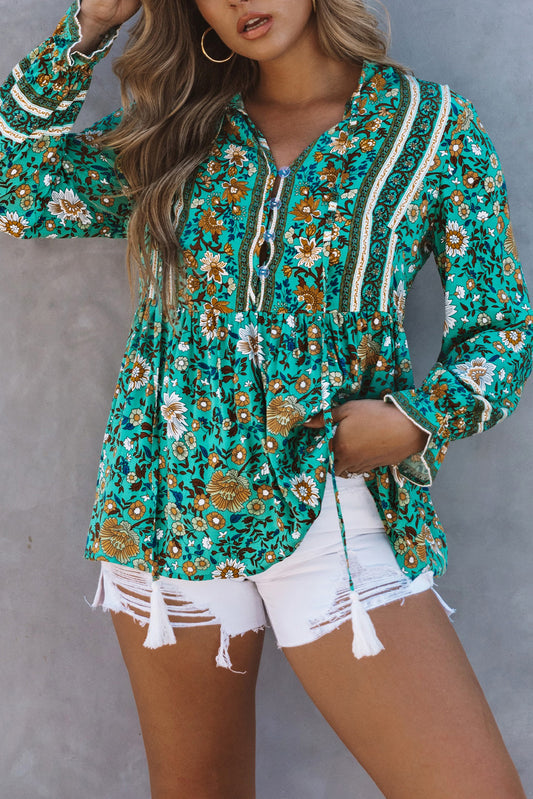 Green Boho Floral Print Peplum Long Sleeve Blouse