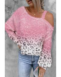 Pink Leopard Patchwork One Shoulder Long Sleeve Top